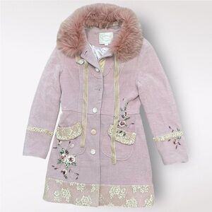 Vintage Lily of the Valley Floral Embroidered Pink Coat with Faux Fur Collar S